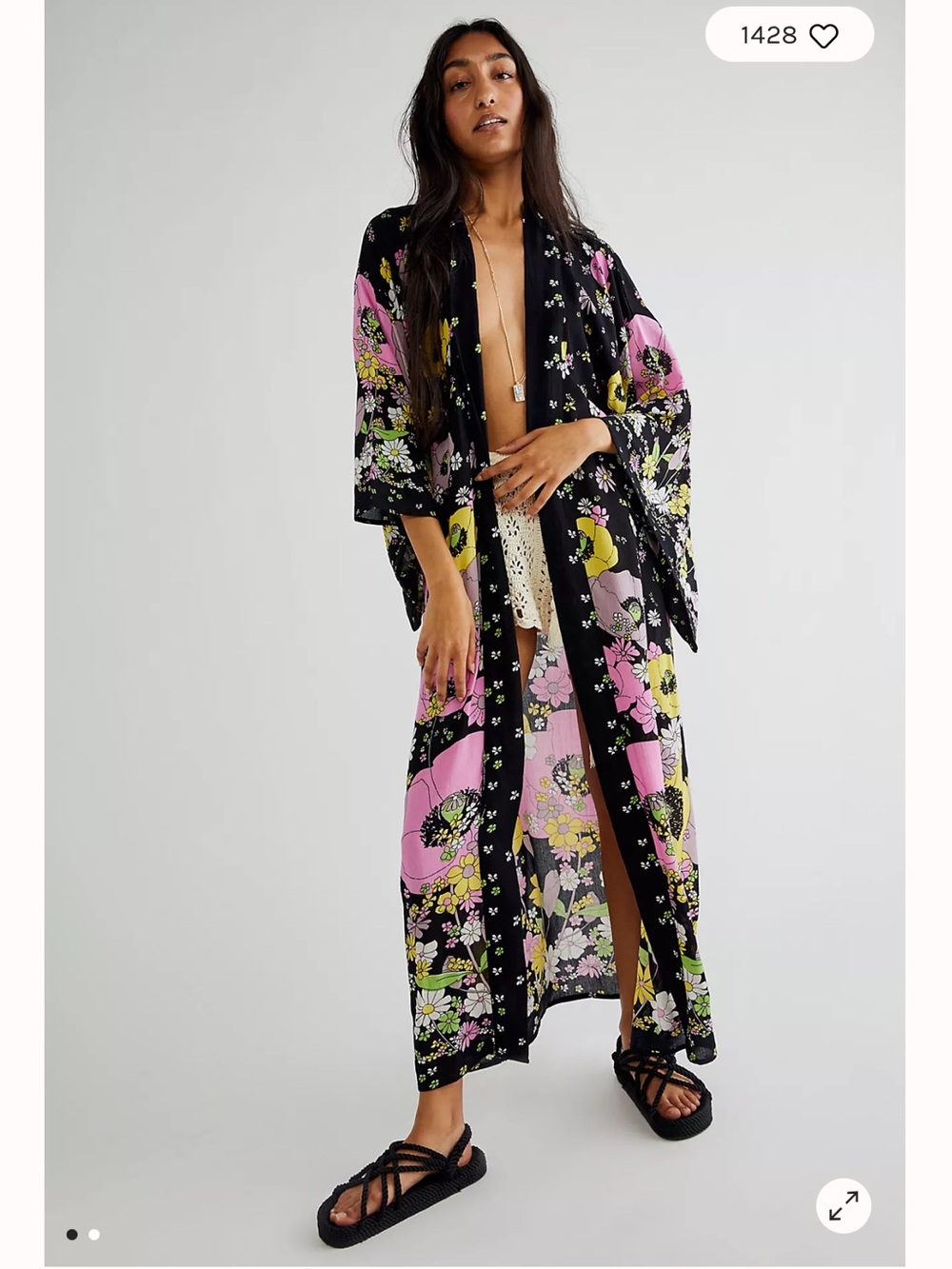Free People Hidden Hills Floral Oversized Long Woven Kimono Duster Black OS